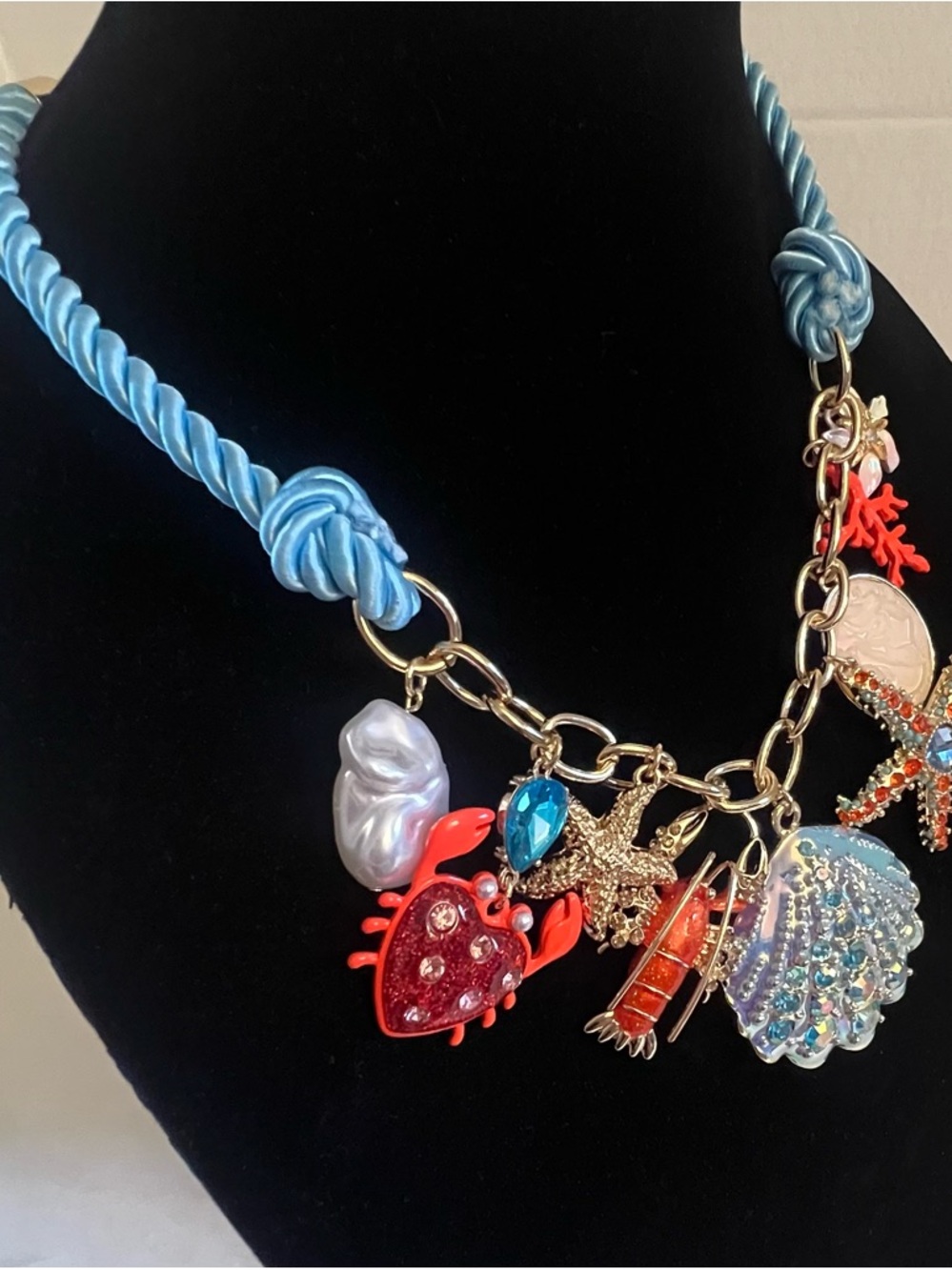 Betsey Johnson Blue Rope Necklace with Coral, Red and Iridescent Sea Charms - Picture 10 of 16